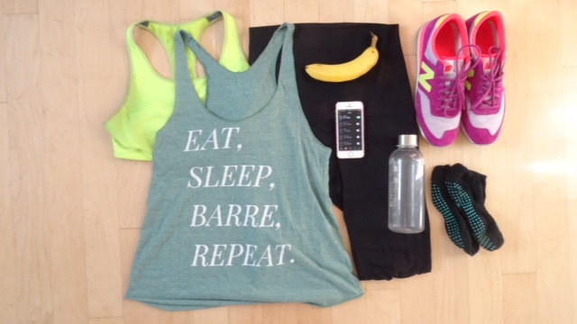 An image of workout gear layed out on the floor for a 6:30AM barre workout.