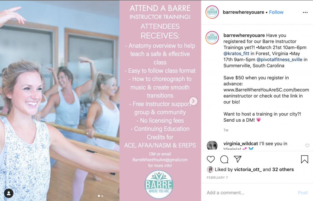 Instagram post from Barre Where You Are advertising their barre instructor certification program.