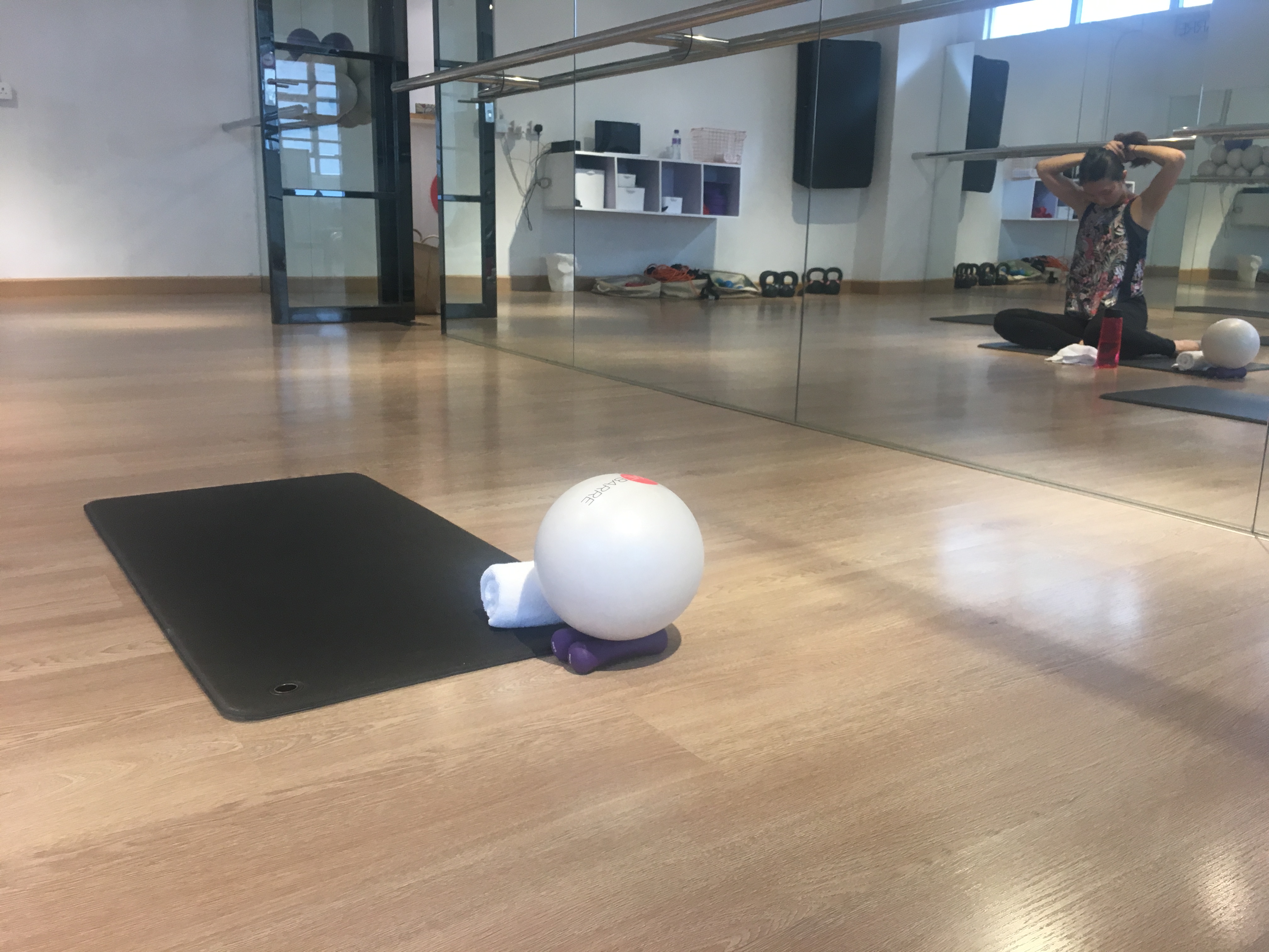 Props on the floor of a WeBarre studio in Singapore.