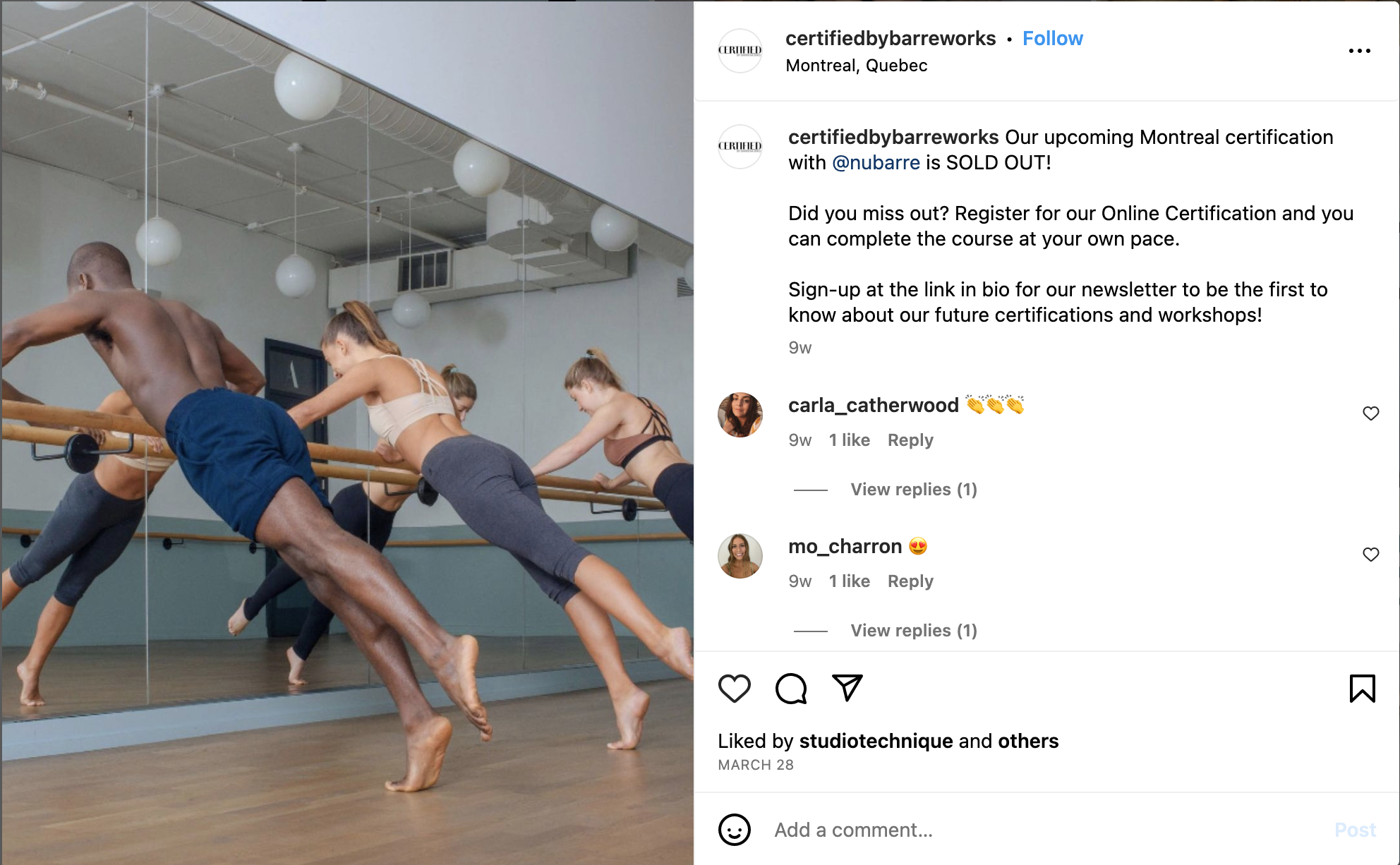 Certified by Barreworks Instagram Post