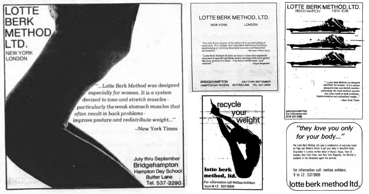 Ads for The Lotte Berk Method Bridgehampton location from the 1970s, 80s and 90s