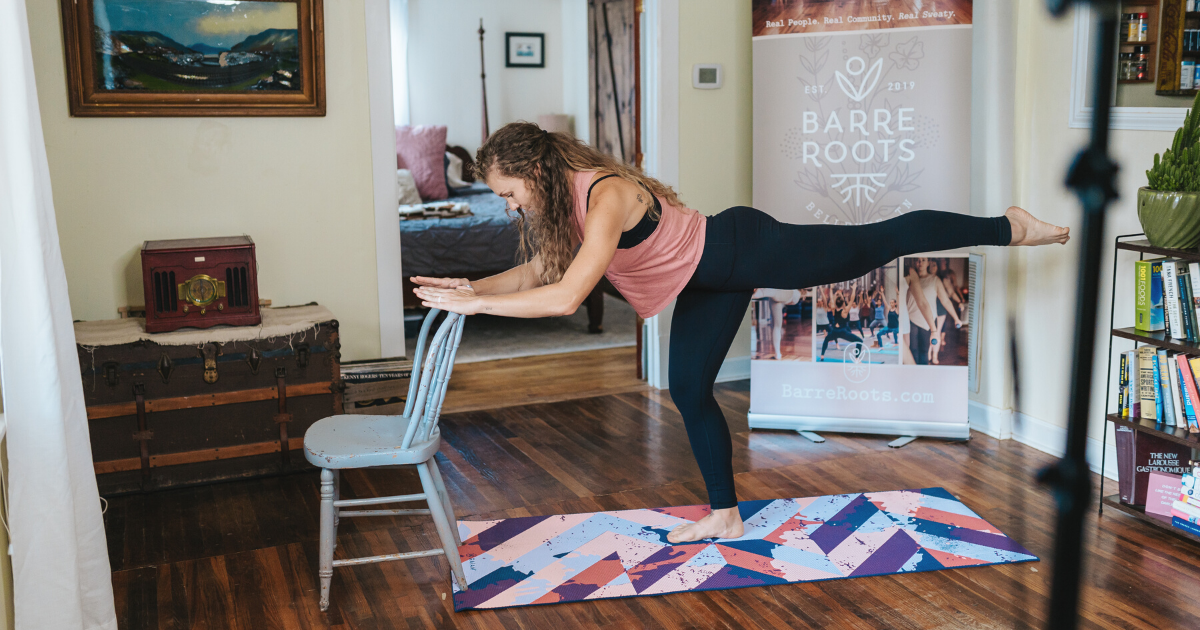 Kelly from Barre Roots leading a live-streaming class.