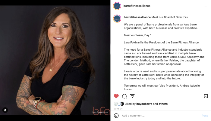 A Barre Fitness Alliance Instagram post featuring Lara Foldvari, President of the BFA