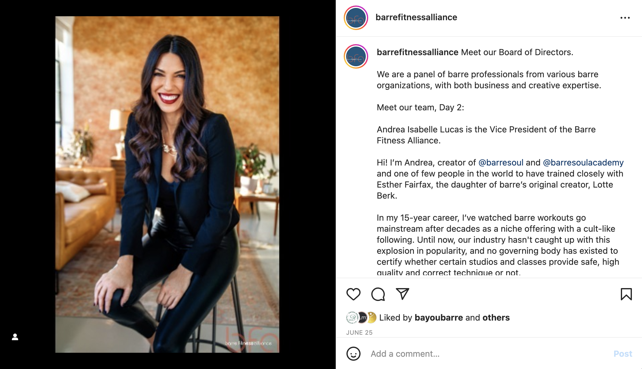 An Instagram post from the Barre Fitness Alliance introducing Andrea Isabelle Lucas, VP of the BFA